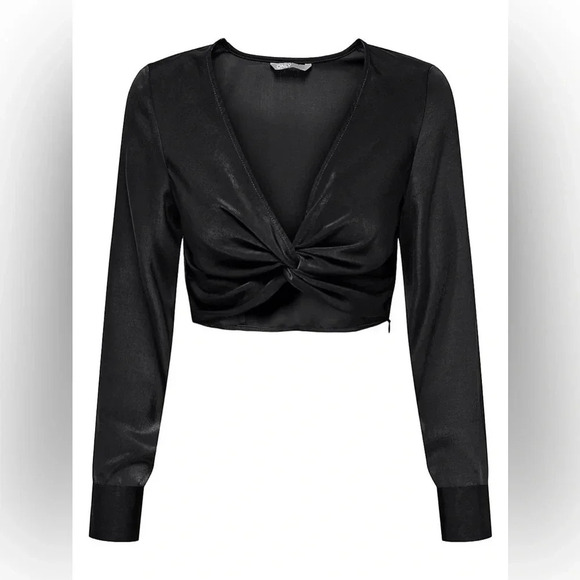 Only Satin Black Mille Cropped Satin Twist  Crop Top With Balloon Sleeves Large - Picture 3 of 10